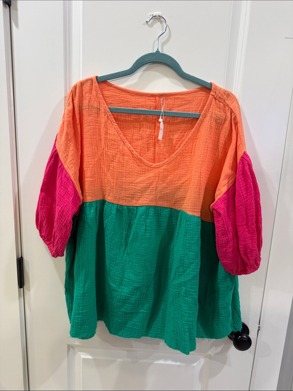 Colorblock Scoop Neck Peasant Top in Orange, Green & Pink